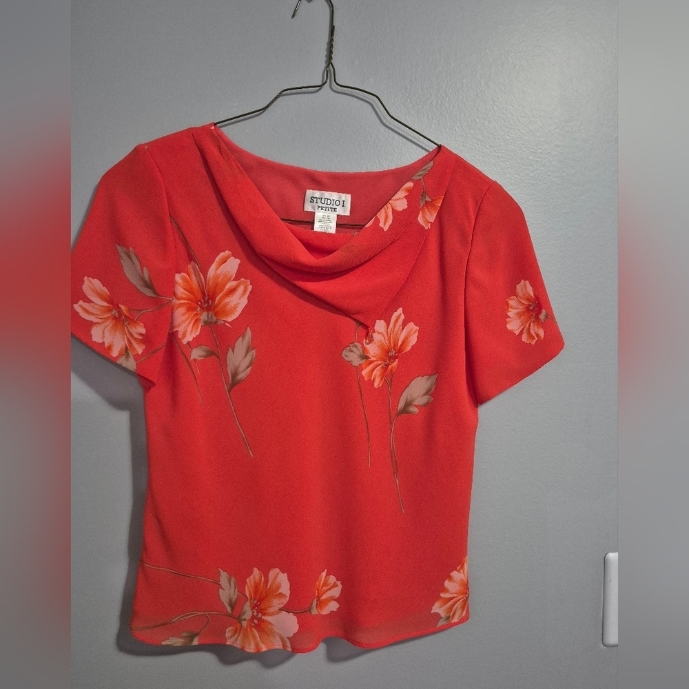Studio 1 Women's Y2K 90s 2000s coquette summer Orange Floral cowl Blouse 12P